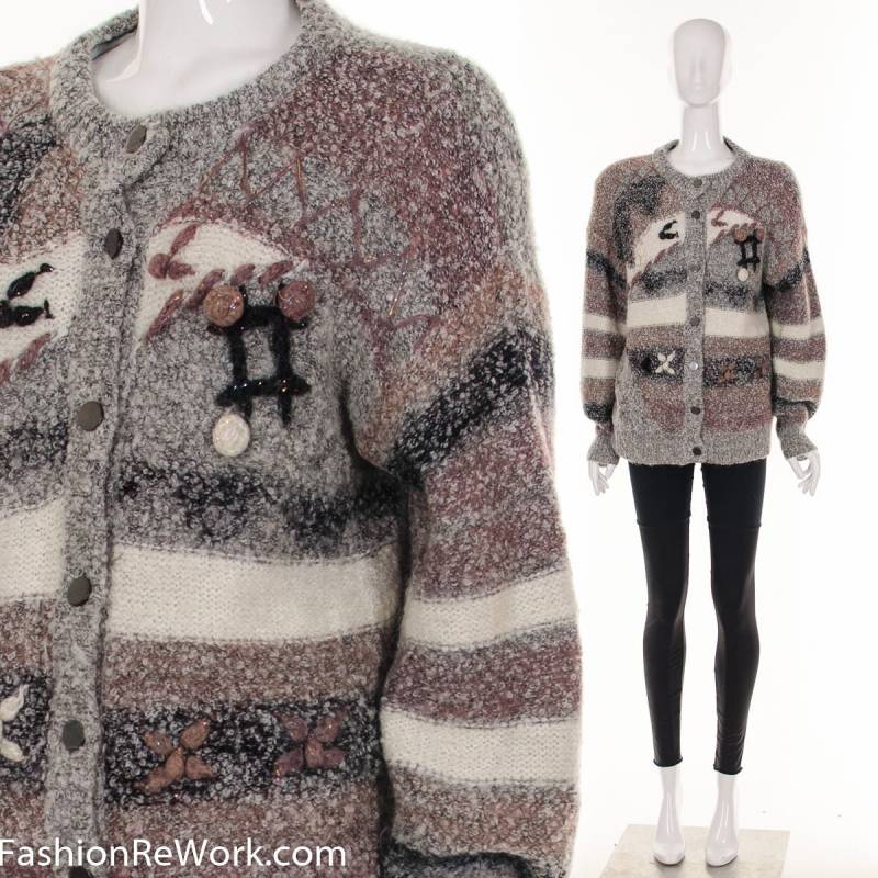 Hashtag Abstrakte Pullover Strickjacke Grau Mauve Heide Gestreift Slouchy Button Up Kunst Hand Stricken von fashionrework