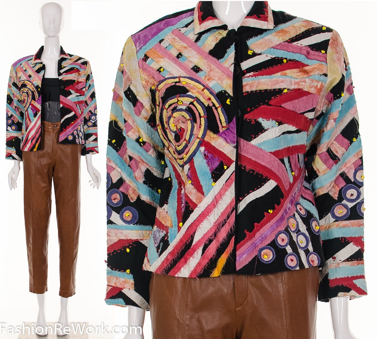 Patchwork Kunst Jacke Watercolor Materialmix Baumwolljacke Mixed Medium Wearable Art Jacket Hand Gefärbte Seide von fashionrework