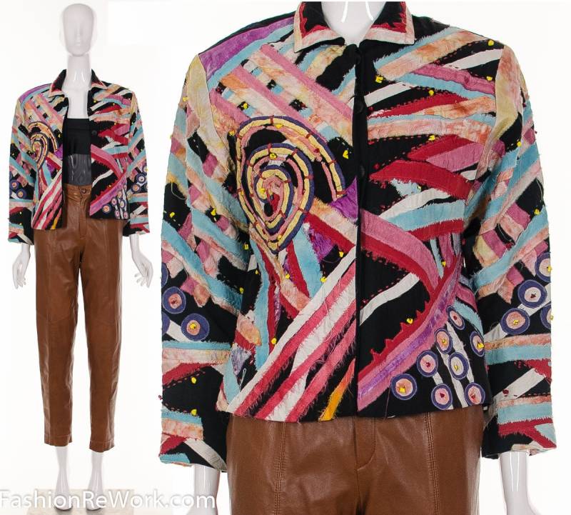 Patchwork Kunst Jacke Watercolor Materialmix Baumwolljacke Mixed Medium Wearable Art Jacket Hand Gefärbte Seide von fashionrework