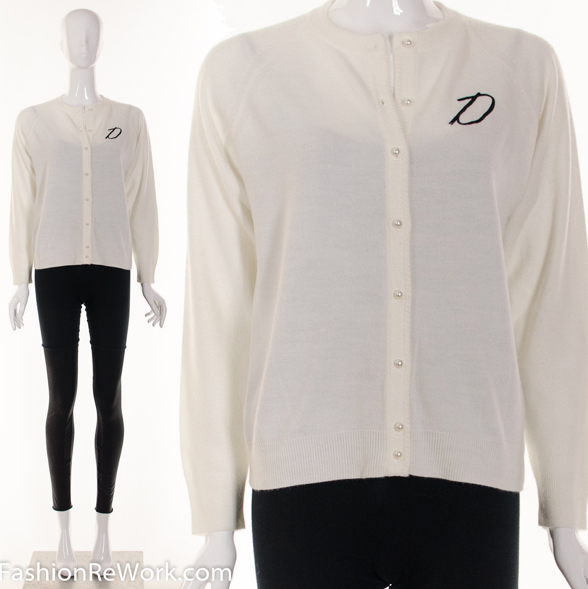 Vintage Retro Weiße Kaschmir Strickjacke Initial D Monogramm Pullover 50Er Jahre Xs S von fashionrework