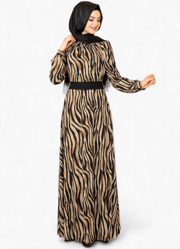 fashionshowcase Chiffonkleid Damen Abendkleid im Zebramuster Langärmlig – Modest Fashion elastisches Taillenband, gefüttert von fashionshowcase