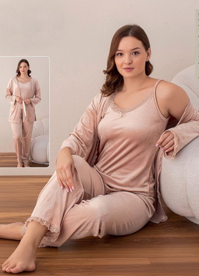 fashionshowcase Hausanzug 3 teiliger Pyjama Schlafanzug mit Morgenmantel 100% Samt von fashionshowcase