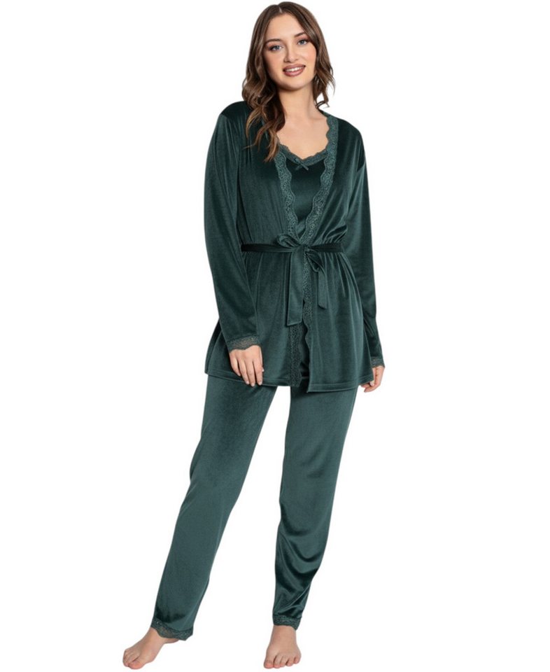 fashionshowcase Hausanzug 3 teiliger Pyjama Schlafanzug mit Morgenmantel 100% Samt von fashionshowcase