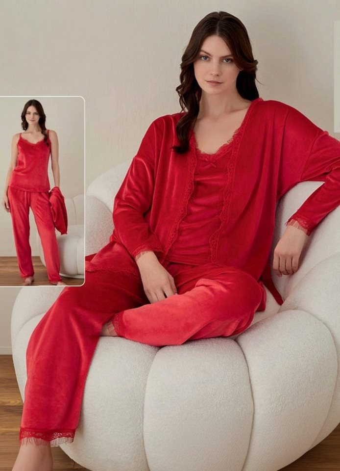 fashionshowcase Hausanzug 3 teiliger Pyjama Schlafanzug mit Morgenmantel 100% Samt (3-teilig) Elegante Spitzenakzente von fashionshowcase