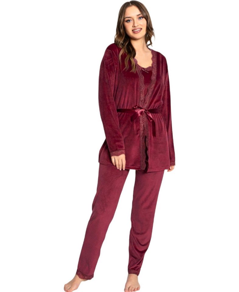 fashionshowcase Hausanzug 3 teiliger Pyjama Schlafanzug mit Morgenmantel 100% Samt von fashionshowcase