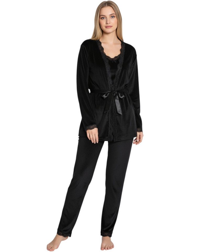 fashionshowcase Hausanzug 3 teiliger Pyjama Schlafanzug mit Morgenmantel 100% Samt von fashionshowcase