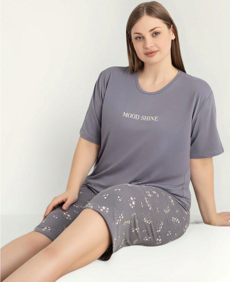 fashionshowcase Hausanzug Damen Schlafanzug große Größen – Pyjama Set mit Shorts & T-Shirt (2 tlg., 2-teiliges Set) lockerer Schnitt, modischer Frontprint & gemusterte Shorts von fashionshowcase