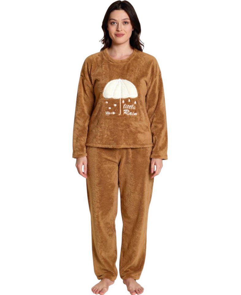 fashionshowcase Hausanzug Damen Winter Pyjama Set Schlafanzug Plüsch Zweiteiler weich von fashionshowcase