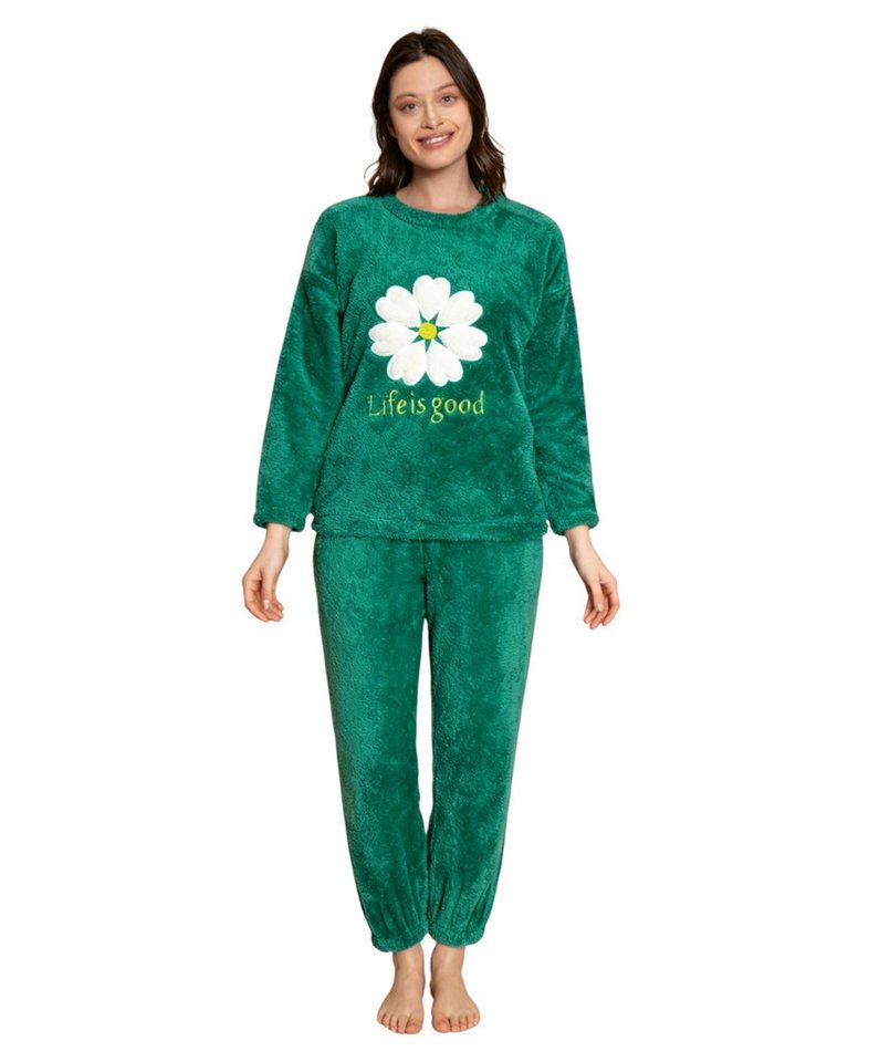 fashionshowcase Hausanzug Damen Winter Pyjama Set Schlafanzug Plüsch Zweiteiler weich von fashionshowcase