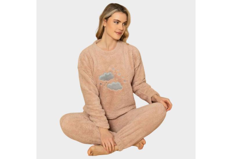 fashionshowcase Hausanzug Damen Winter Pyjama Set Schlafanzug Plüsch Zweiteiler weich von fashionshowcase