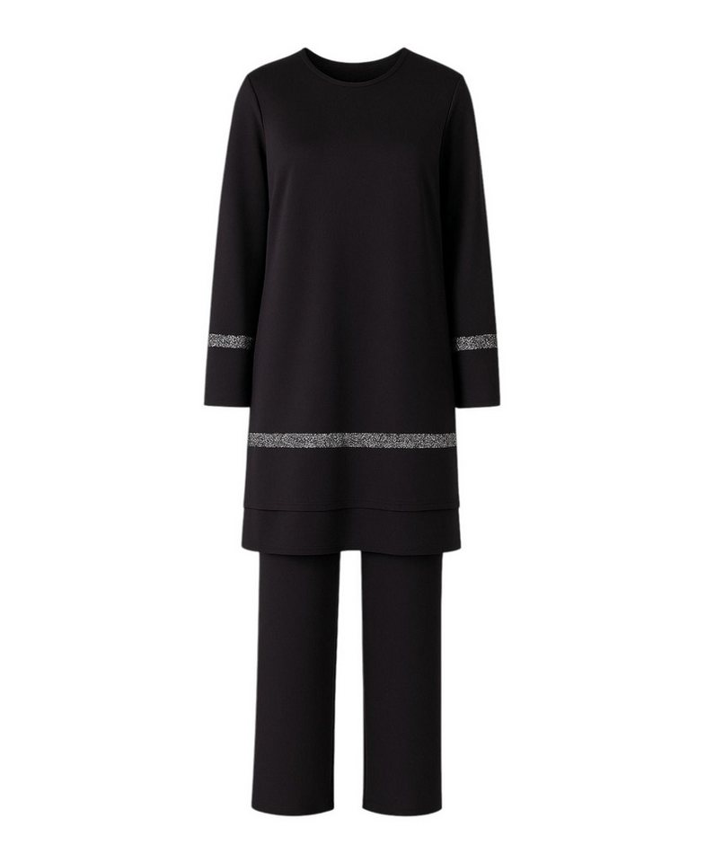 fashionshowcase Hosenanzug Zweiteiler mit langer Tunika mit Glitzerborten - Modest Fashion (2-tlg) Doppelsaum, funkelnde Akzente, 4-Jahreszeiten-tauglich von fashionshowcase