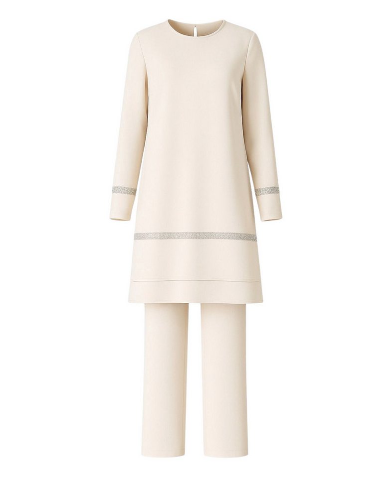 fashionshowcase Hosenanzug Zweiteiler mit langer Tunika mit Glitzerborten - Modest Fashion (2-tlg) Doppelsaum, funkelnde Akzente, 4-Jahreszeiten-tauglich von fashionshowcase