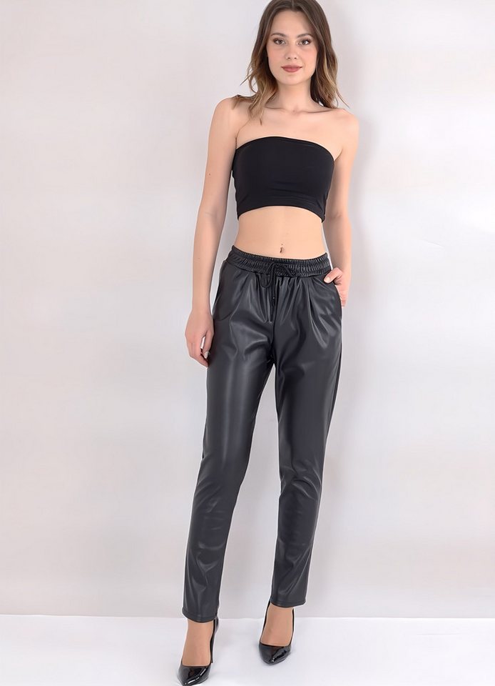 fashionshowcase Lederhose Damen Kunstleder-Jogger mittlere Taille – Outdoorhose Lederoptik von fashionshowcase