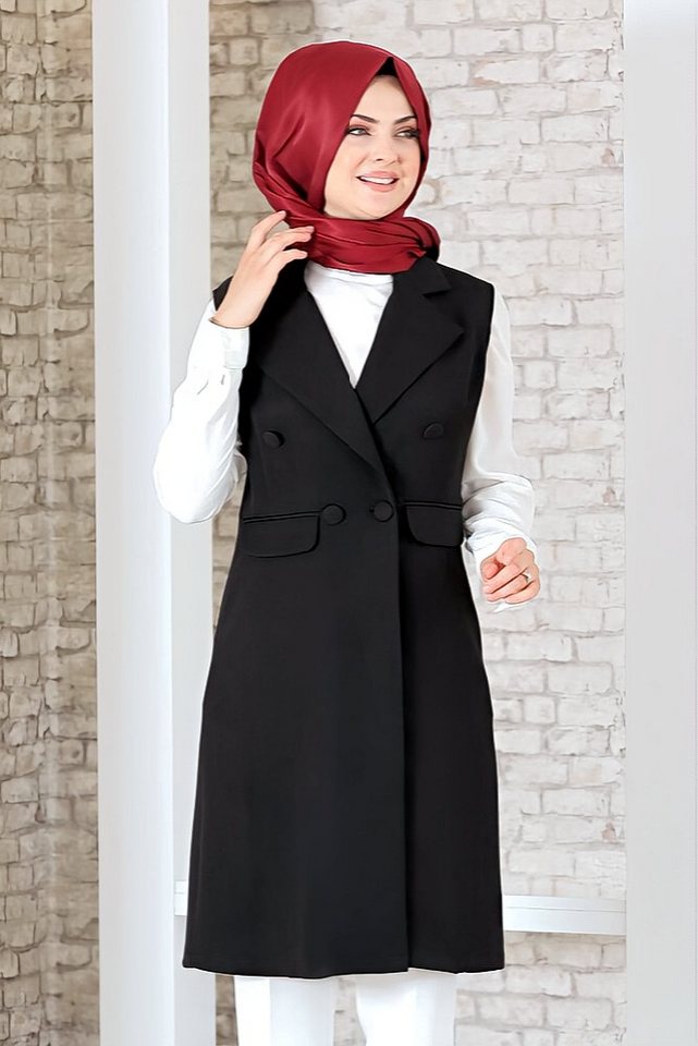 fashionshowcase Longtunika Damen Weste mit Knopfdetail und Kragen Lange Tunika-Weste Hijab Mode blickdicht, mit Kreppstoff von fashionshowcase