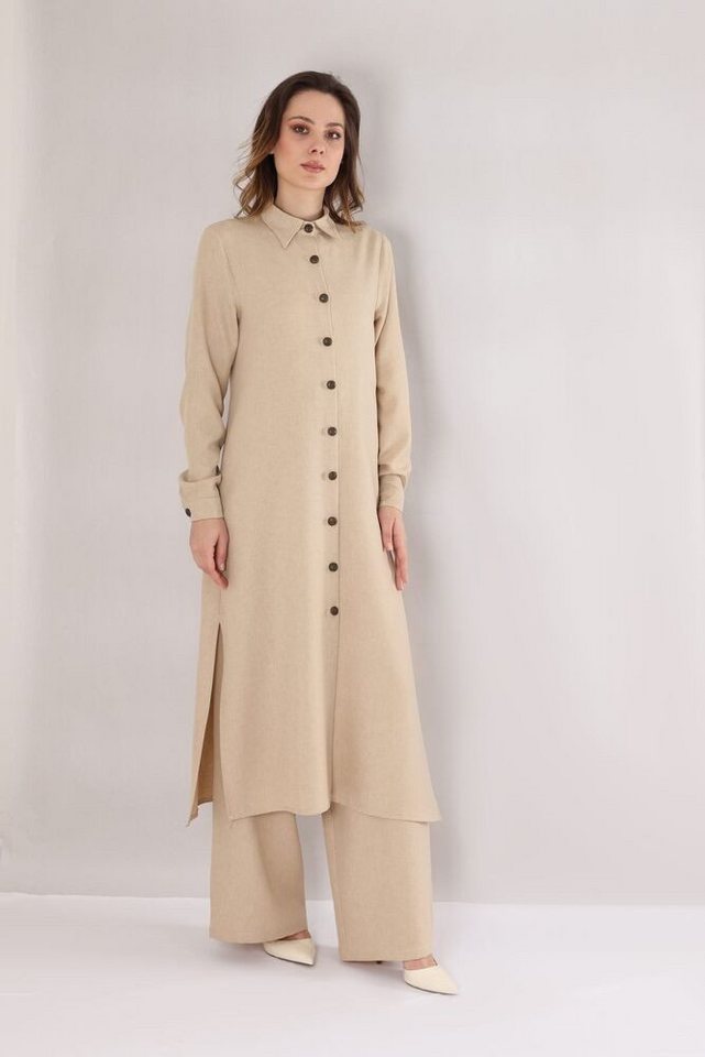 fashionshowcase Longtunika mit Kragen und Knöpfen - Langarm-Hemdkleid Leinenoptik Modest Fashion von fashionshowcase