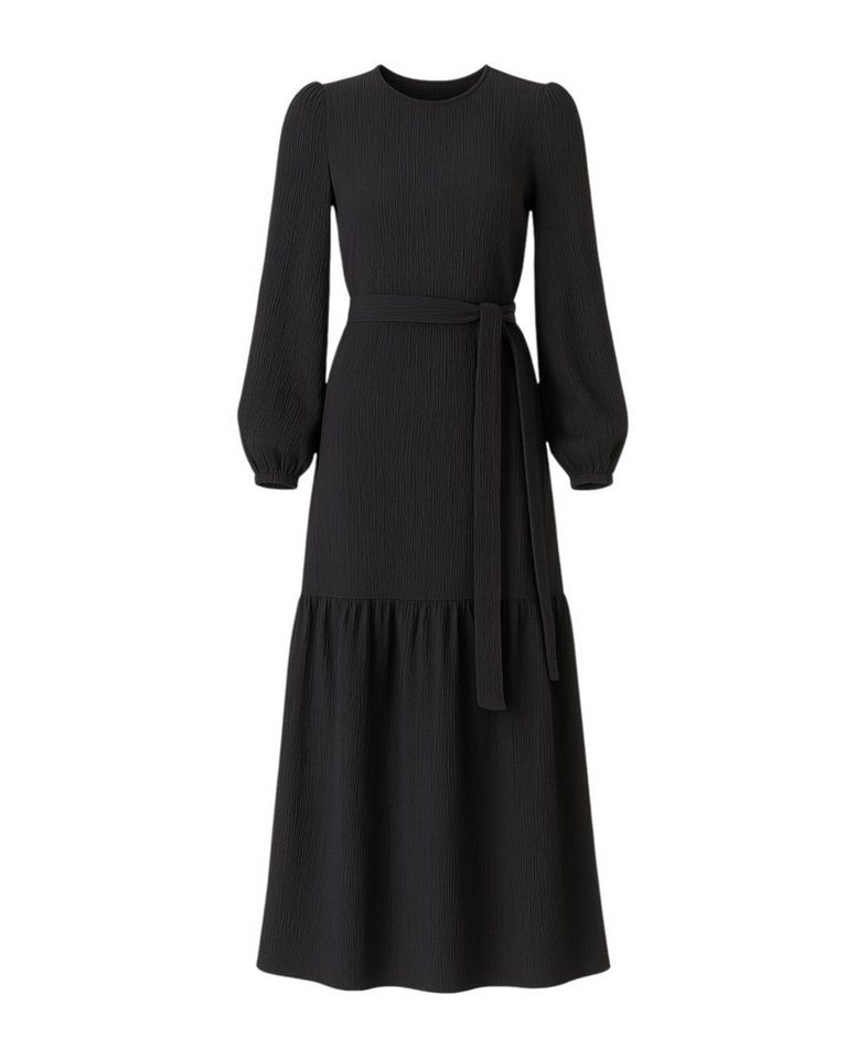 fashionshowcase Maxikleid Damen Crinkle Kleid mit Gürtel, Ballonärmel, 140 cm, Gr. 36–46 Mit Bindegürtel in Taille und dezentem Volant am Saum von fashionshowcase