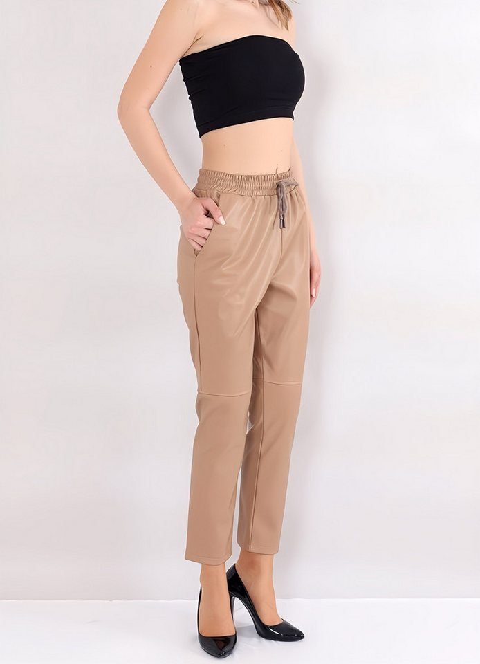 fashionshowcase Lederimitathose Damen Hose in Lederoptik - Stretch-Komfort mit Tunnelzug Mittlere Taille – Schwarz, Beige, Braun von fashionshowcase