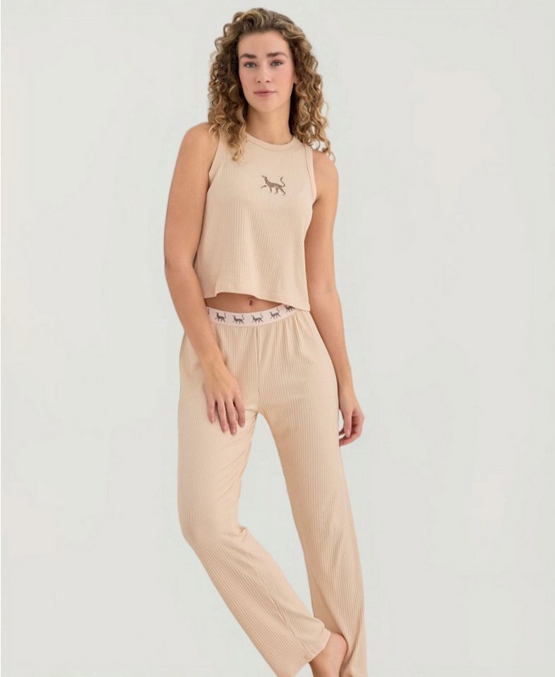 fashionshowcase Pyjama Damen – 2-teiliges Schlafanzug Set mit elastischem Bund und Motiven (2-teilig (Top + Hose) Luftiger Schnitt, elastischer Bund mit Muster, weicher Rippenjersey von fashionshowcase