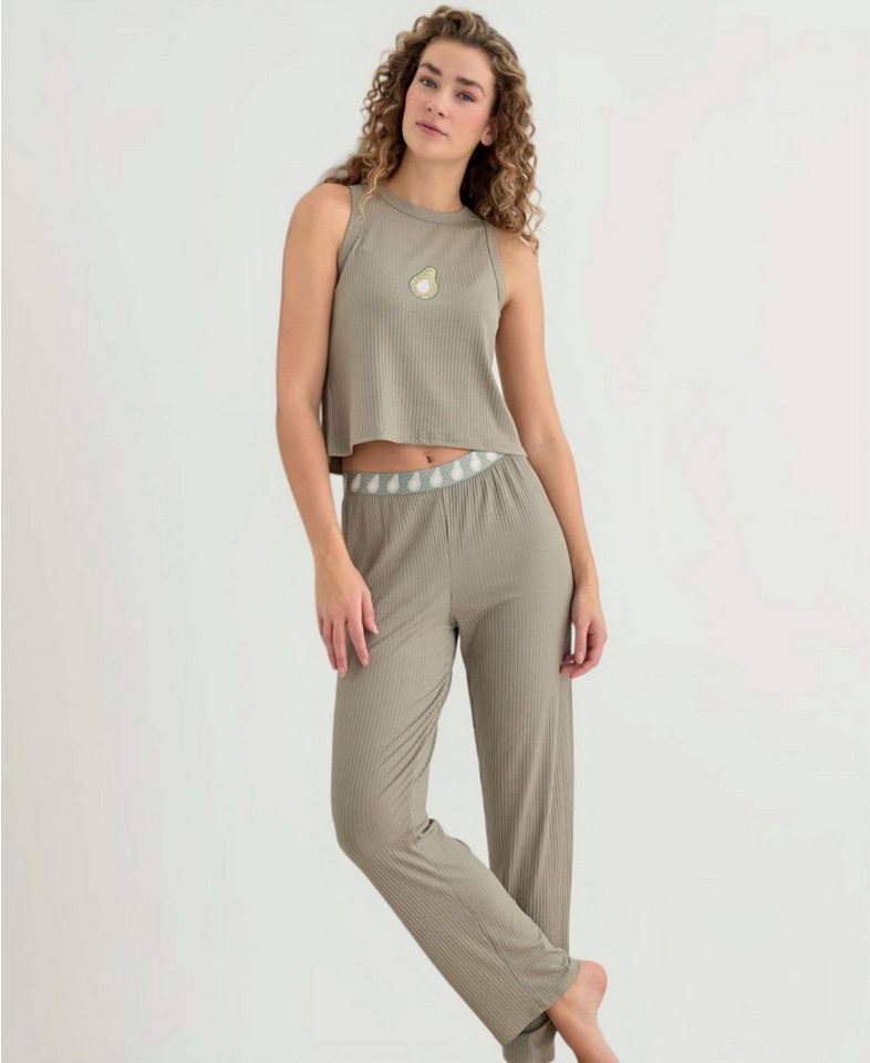 fashionshowcase Pyjama Damen Hausanzug 2-teiliges Schlafanzug Set mit elastischem Bund (2-teilig (Top + Hose) Luftiger Schnitt, elastischer Bund mit Muster, weicher Rippenjersey von fashionshowcase