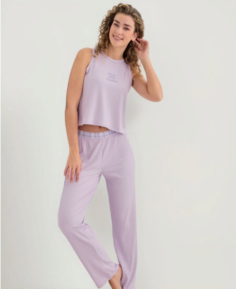 fashionshowcase Pyjama Damen Hausanzug 2-teiliges Schlafanzug Set mit elastischem Bund (2-teilig (Top + Hose) Luftiger Schnitt, elastischer Bund mit Muster, weicher Rippenjersey von fashionshowcase