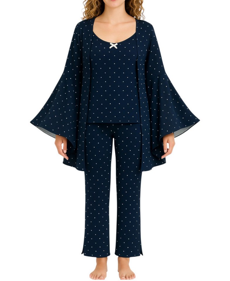 fashionshowcase Pyjama Damen 3-teiliges Set - Hausanzug mit Top, Hose & Morgenmantel (Nachtwäsche-Set, 3 tlg) Dreiteiliges Damen Set mit Muster und Details von fashionshowcase