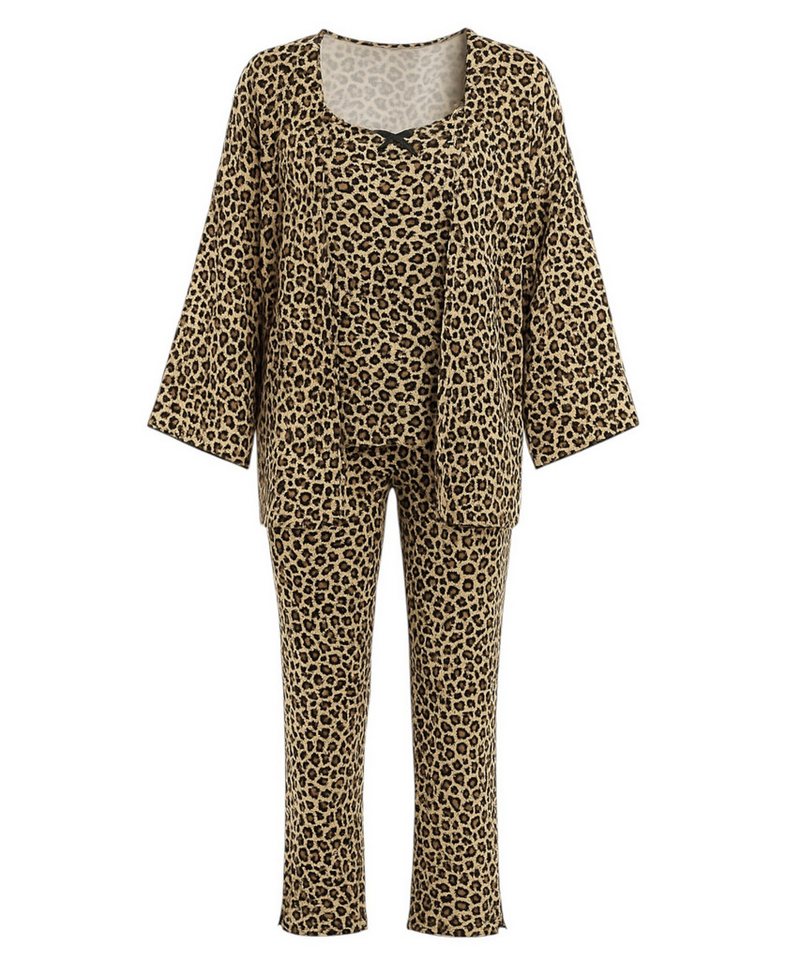 fashionshowcase Pyjama Damen 3-teiliges Set - Hausanzug mit Top, Hose & Morgenmantel (Nachtwäsche-Set, 3 tlg) Dreiteiliges Damen Set mit Muster und Details von fashionshowcase