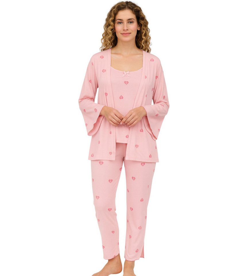 fashionshowcase Pyjama Damen 3-teiliges Set - Hausanzug mit Top, Hose & Morgenmantel (Nachtwäsche-Set, 3 tlg) Dreiteiliges Damen Set mit Muster und Details von fashionshowcase