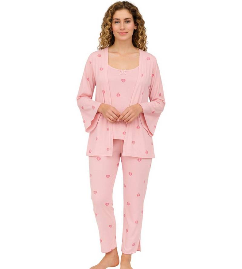 fashionshowcase Pyjama Damen 3-teiliges Set - Hausanzug mit Top, Hose & Morgenmantel (Nachtwäsche-Set, 3 tlg) Dreiteiliges Damen Set mit Muster und Details von fashionshowcase