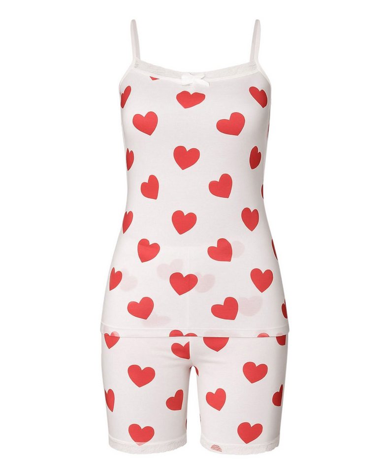 fashionshowcase Pyjama Damen Hausanzug – Schlafanzug mit Shorts & Top, Baumwolle, Herz-Design (2 tlg., 2-teiliges Set) Verspieltes Design mit Herz-Print & feiner Spitze, luftig & leicht von fashionshowcase