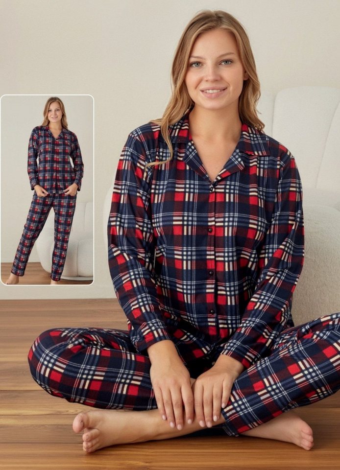 fashionshowcase Pyjama Damen Schlafanzug Set Baumwolle Herzchen, Karo & Sterne in 5 Designs (Zweiteiliges Set (Oberteil und Hose) Drei attraktive Designs zur Auswahl von fashionshowcase