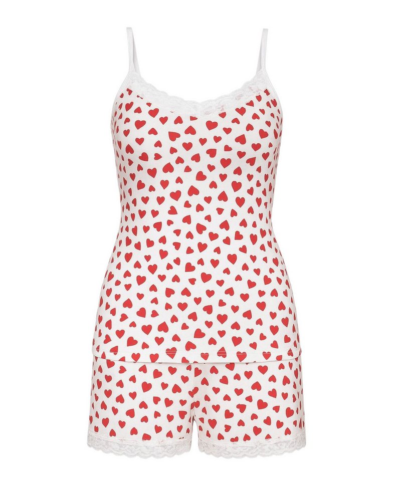 fashionshowcase Pyjama Damen Viskose Hausanzug Schlafanzug mit Shorts & Top, weiß Herz-Design (2 tlg., 2-teiliges) Leichtes & atmungsaktives Material, romantisches Design mit Spitze von fashionshowcase