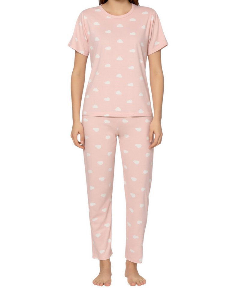 fashionshowcase Pyjama Damen Zweiteiler mit Herzmuster – Kurzarmshirt & Hose, 3 Varianten (2 tlg., Zweiteiliges Schlafanzug-Set) Herzmuster-Design von fashionshowcase