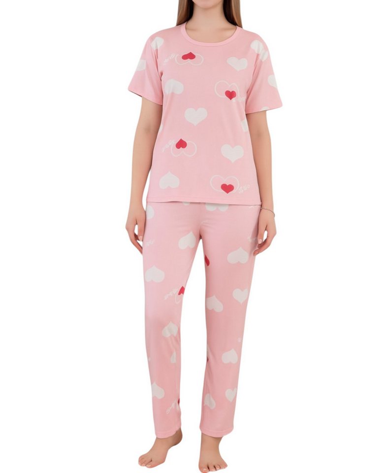 fashionshowcase Pyjama Damen Zweiteiler mit Herzmuster – Kurzarmshirt & Hose, 3 Varianten (2 tlg., Zweiteiliges Schlafanzug-Set) Herzmuster-Design von fashionshowcase