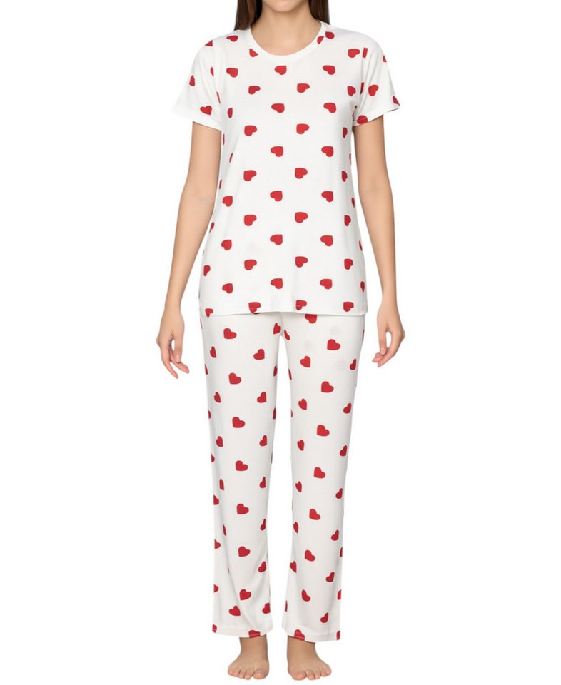 fashionshowcase Pyjama Damen Zweiteiler mit Herzmuster – Kurzarmshirt & Hose, 3 Varianten (2 tlg., Zweiteiliges Schlafanzug-Set) Herzmuster-Design von fashionshowcase