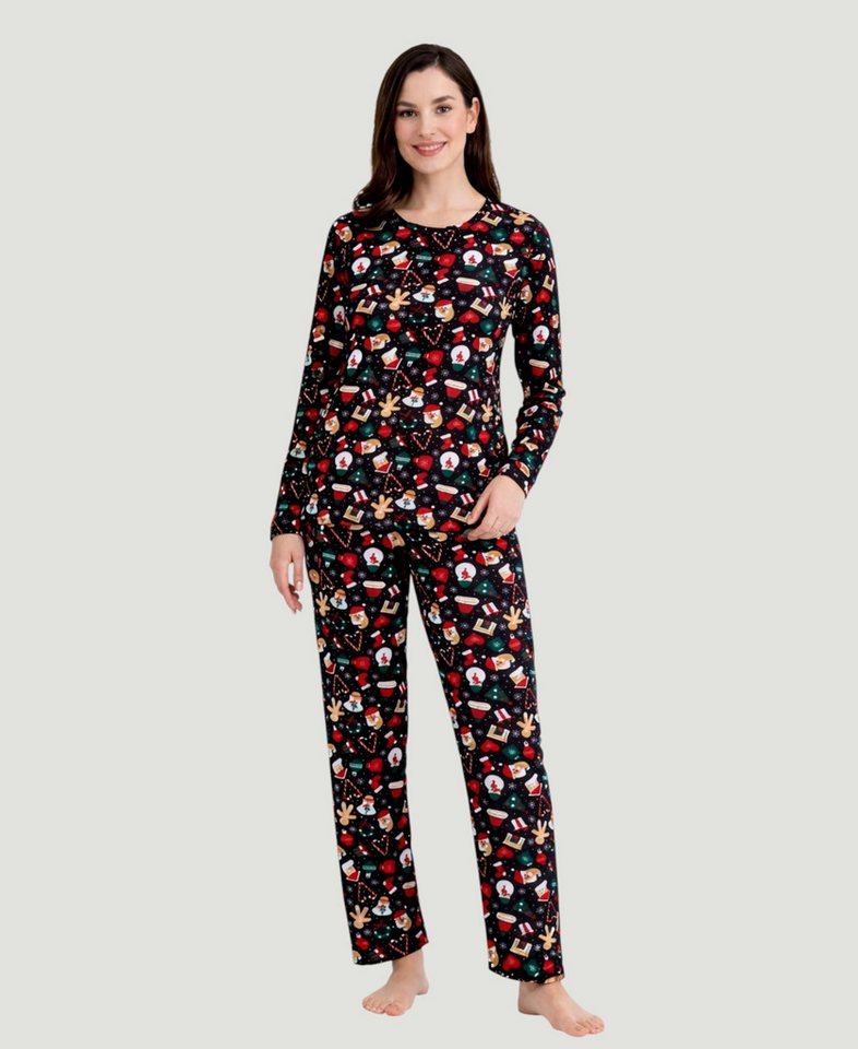 fashionshowcase Pyjama Hausanzug Schlafanzug Velours Neujahr Weihnachtsmotive, Winter-Set (Set, 2-teilig) samtartige Oberfläche, Soft-Touch, elastische Qualität von fashionshowcase