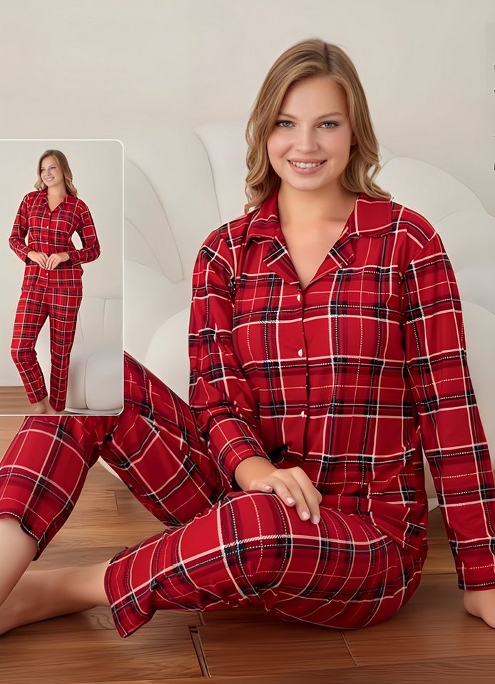 fashionshowcase Pyjama Pyjama Damen Schlafanzug aus 100% Baumwolle – Karomuster (Zweiteilig) Weiches, warmes Material von fashionshowcase