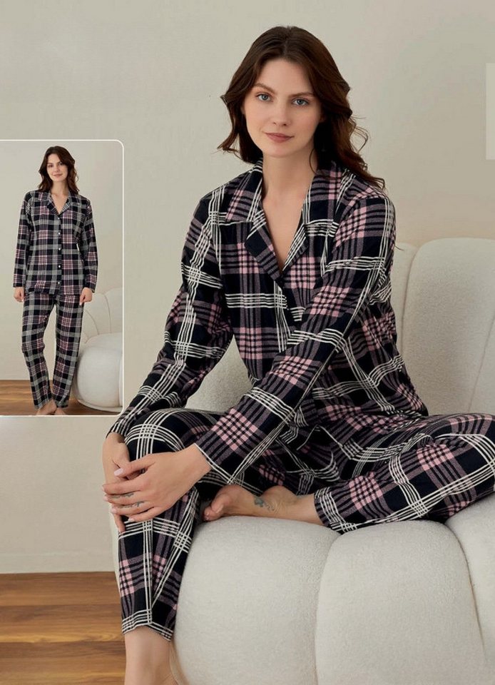 fashionshowcase Pyjama Pyjama Damen Schlafanzug aus 100% Baumwolle – Karomuster (Zweiteilig) Weiches, warmes Material von fashionshowcase