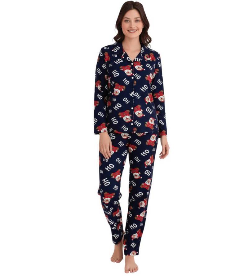 fashionshowcase Pyjama Damen Weihnachts-Schlafanzug Winter Hausanzug Santa Claus Ho Ho Ho (Schlafanzug-Set, Zweiteilig (Oberteil und Hose) von fashionshowcase