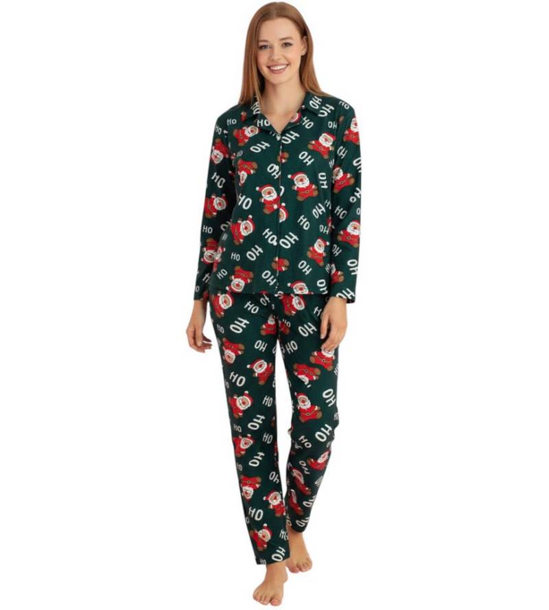 fashionshowcase Pyjama Damen Weihnachts-Schlafanzug Winter Hausanzug Santa Claus Ho Ho Ho (Schlafanzug-Set, Zweiteilig (Oberteil und Hose) von fashionshowcase