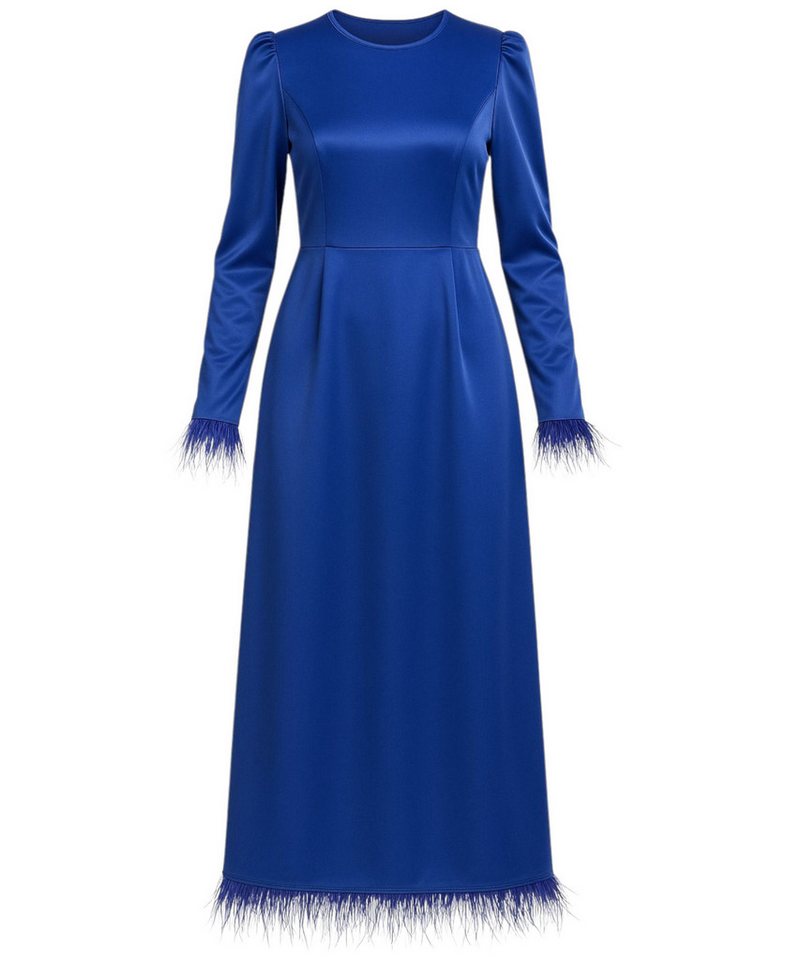 fashionshowcase Satinkleid Damen Abendkleid schlicht Abiye Abaya Modest Fashion Federdetails am Saum und an den Ärmelabschlüssen von fashionshowcase