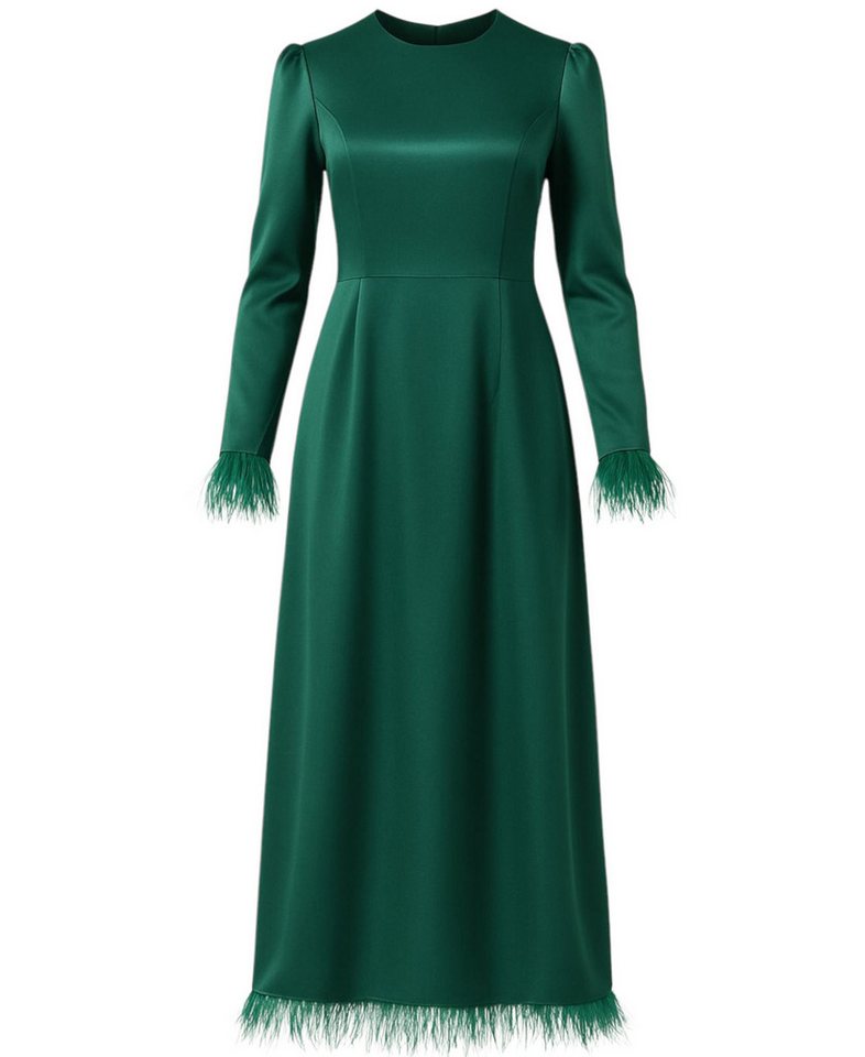 fashionshowcase Satinkleid Damen Abendkleid schlicht Abiye Abaya Modest Fashion Federdetails am Saum und an den Ärmelabschlüssen von fashionshowcase