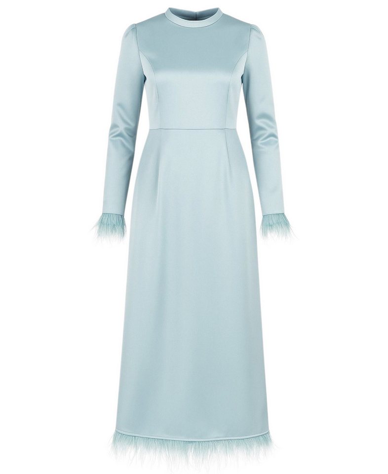 fashionshowcase Satinkleid Damen Abendkleid schlicht Abiye Abaya Modest Fashion Federdetails am Saum und an den Ärmelabschlüssen von fashionshowcase