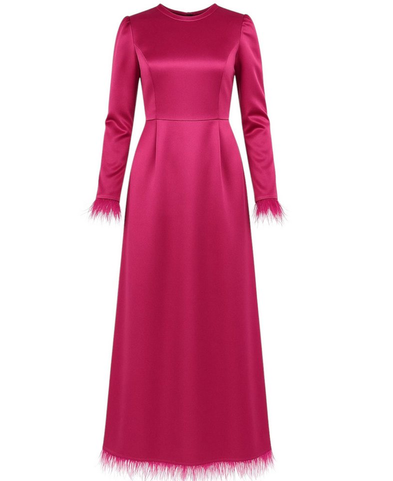 fashionshowcase Satinkleid Damen Abendkleid schlicht Abiye Abaya Modest Fashion Federdetails am Saum und an den Ärmelabschlüssen von fashionshowcase