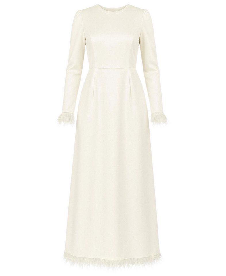 fashionshowcase Satinkleid Damen Abendkleid schlicht Abiye Abaya Modest Fashion Federdetails am Saum und an den Ärmelabschlüssen von fashionshowcase