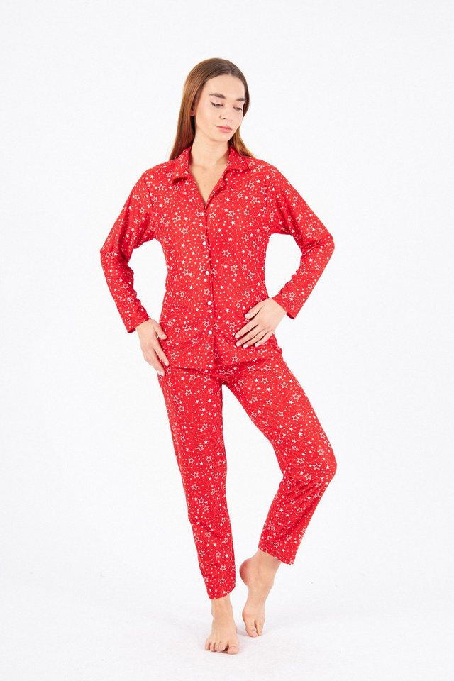 fashionshowcase Schlafanzug Damen Pyjama Set Langärmliges Hemd Lange Hose 100% Baumwolle (Zweiteiler, Nachthemd mit Hose) mit Knopfleiste von fashionshowcase