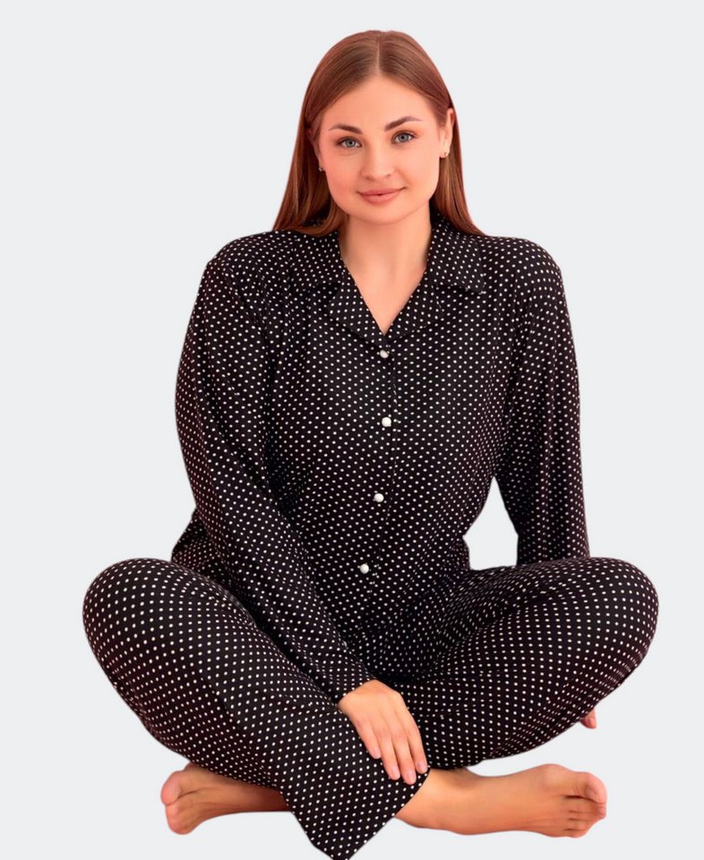 fashionshowcase Schlafanzug Damen Pyjama Set – Langarm Hausanzug mit Knopfleiste & Punktemuster Punktedesign, Plus Size von fashionshowcase