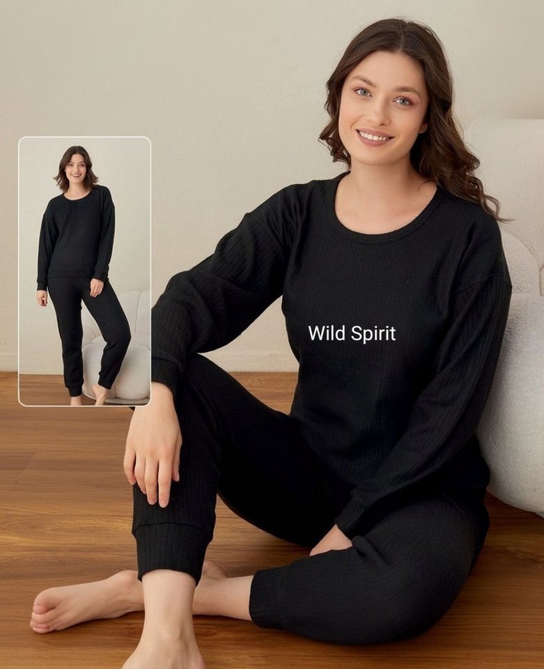 fashionshowcase Schlafanzug Pyjama Damen Hausanzug Set mit Schriftzug 100% Baumwolle von fashionshowcase