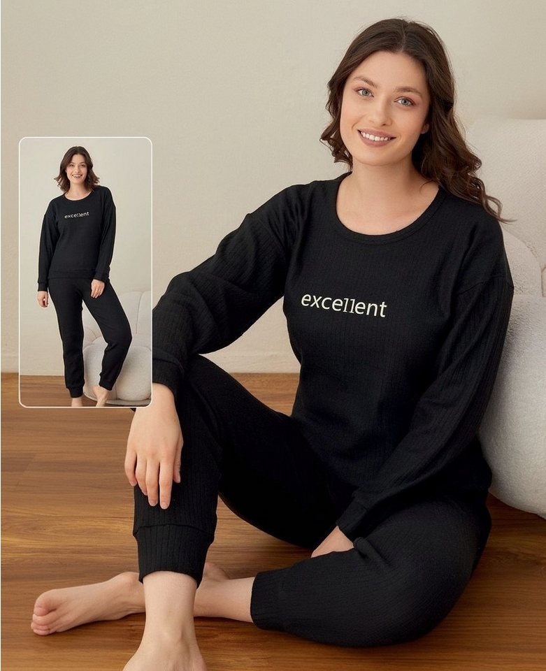 fashionshowcase Schlafanzug Pyjama Damen Hausanzug Set mit Schriftzug 100% Baumwolle von fashionshowcase