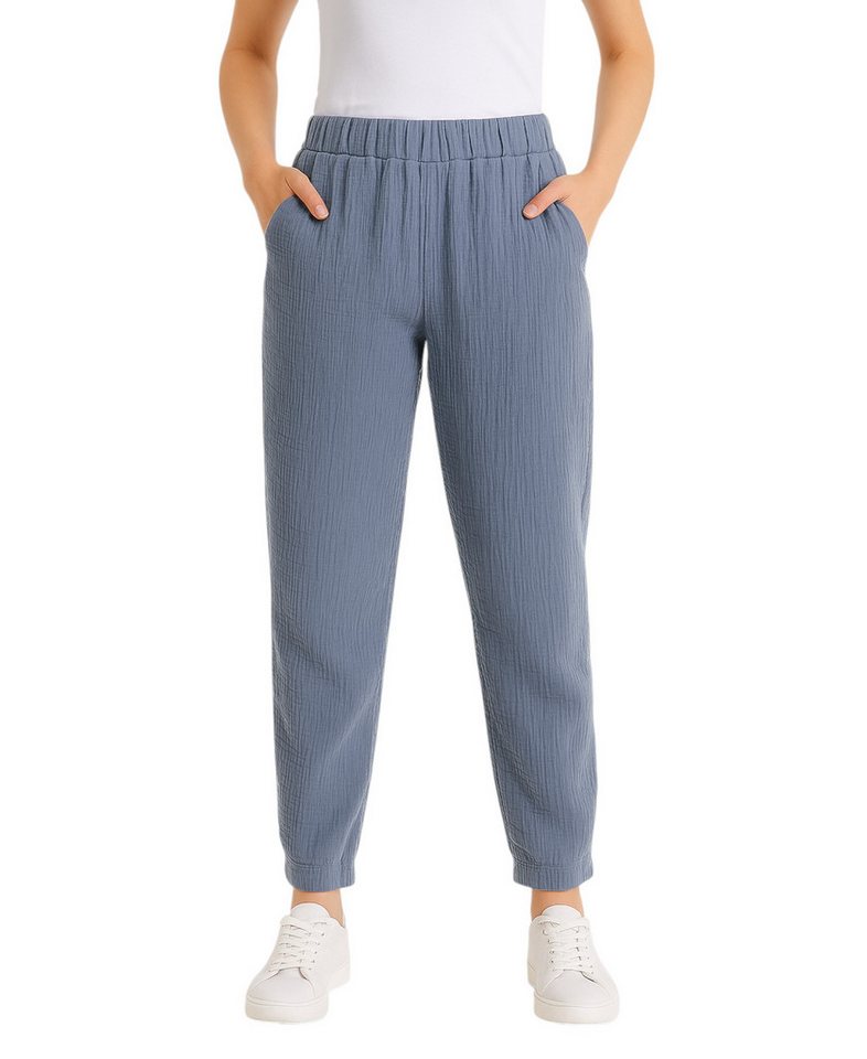 fashionshowcase Stoffhose Damen Musselin Stoffhose 100% Baumwolle – Freizeithose Nahtdetails am Beinabschluss, leicht & luftig von fashionshowcase