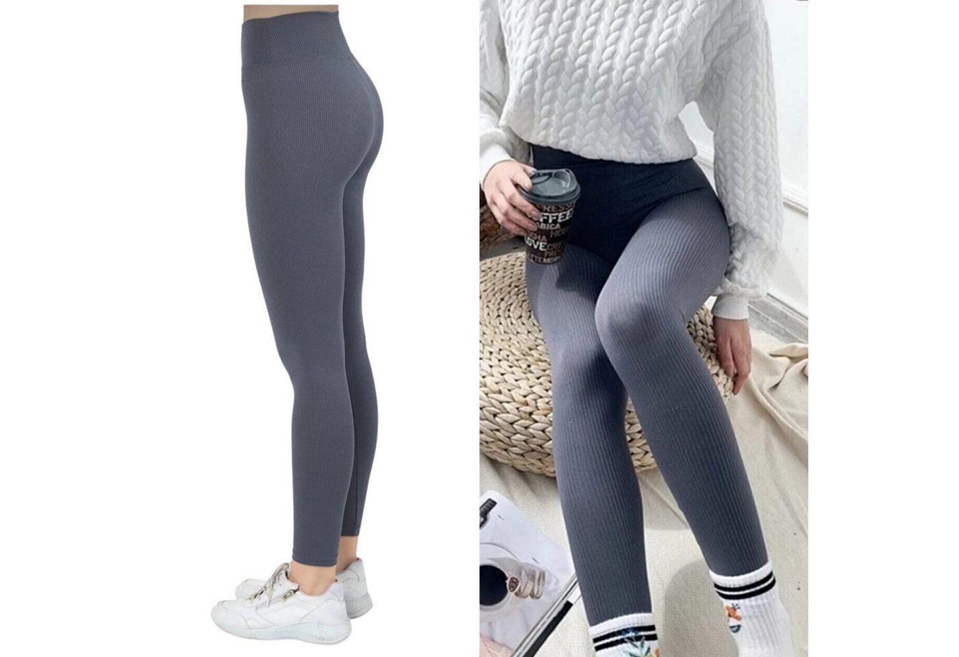 fashionshowcase Highwaist Leggings gerippte Damen Leggins hoch Bund Leggings innen Fleece Yoga Hose eng anliegend von fashionshowcase